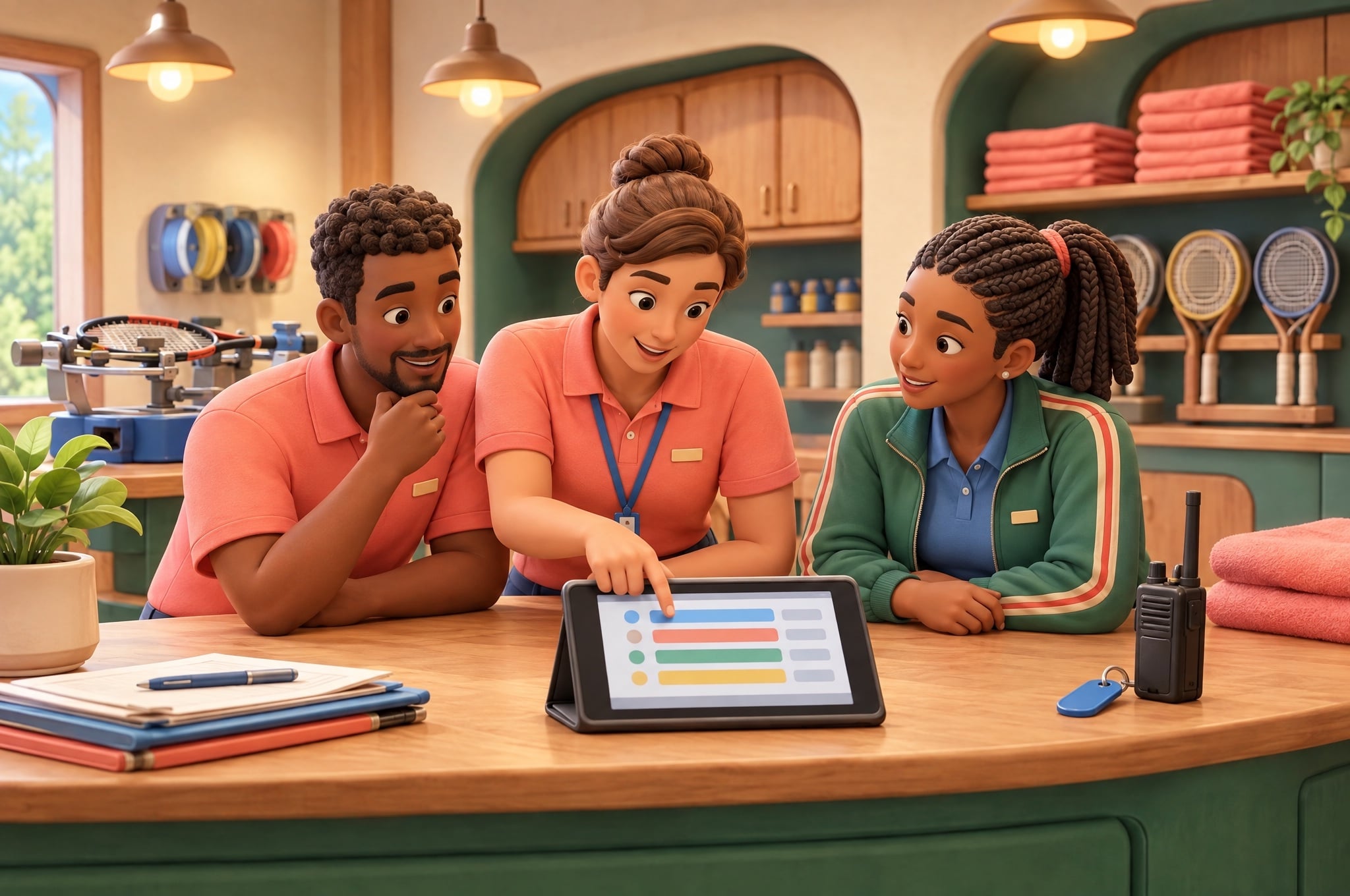 Tournament staff reviewing service details together on a tablet.